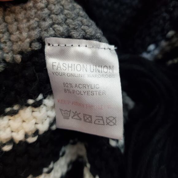 Black + White Striped  Open Front Fringe Poncho Cardigan M/L Boho Fall Layering - Picture 14 of 15